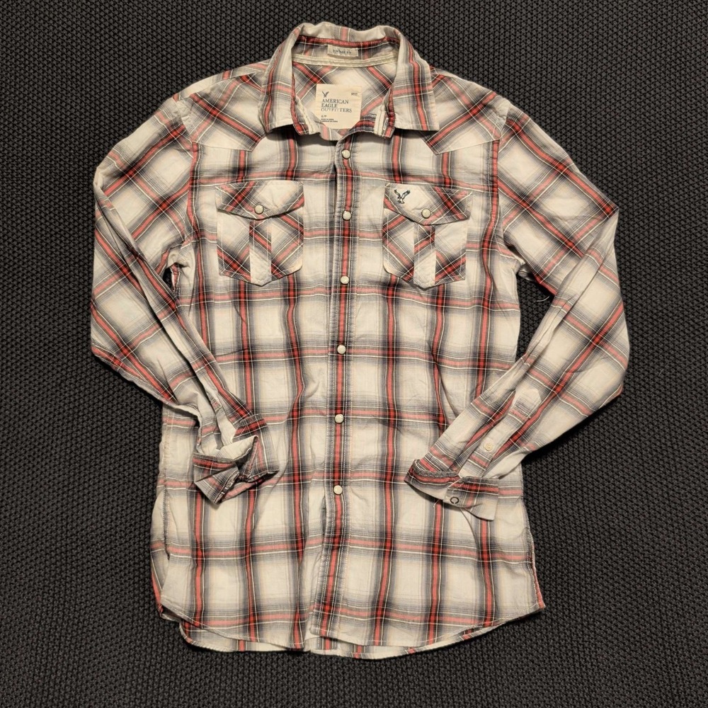 American Eagle Western Shirt Mens Small White Red Plaid Pearl Snap Vintage Fit